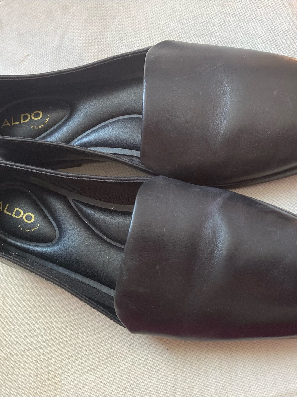 Aldo Black Leather Square-Toe Slip-On Flats